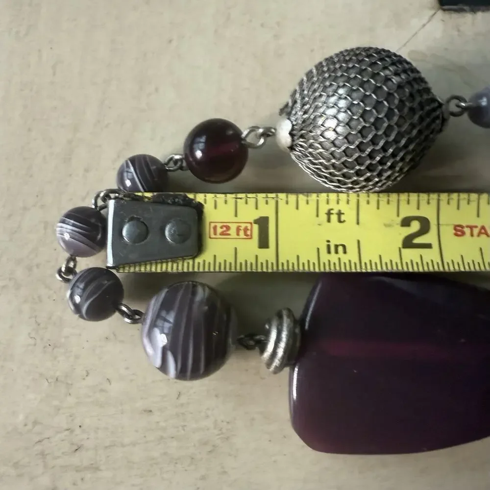Purple‎ Beaded Necklace Silver Tone Asymmetrical Adjustable 27-30”
